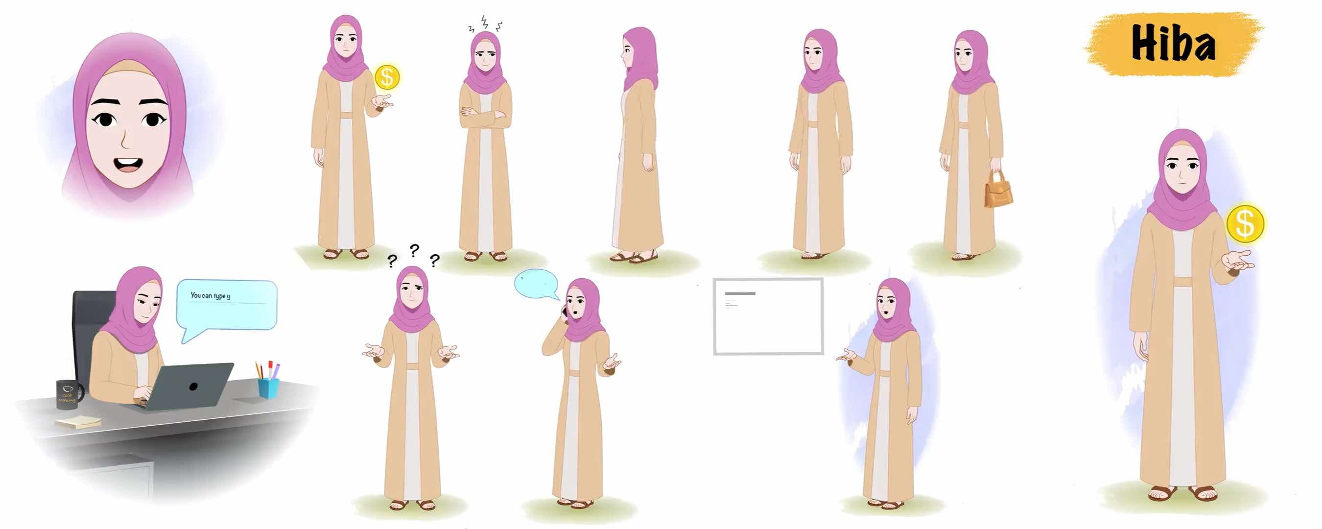 Islamic woman cartoon character animated model sheet