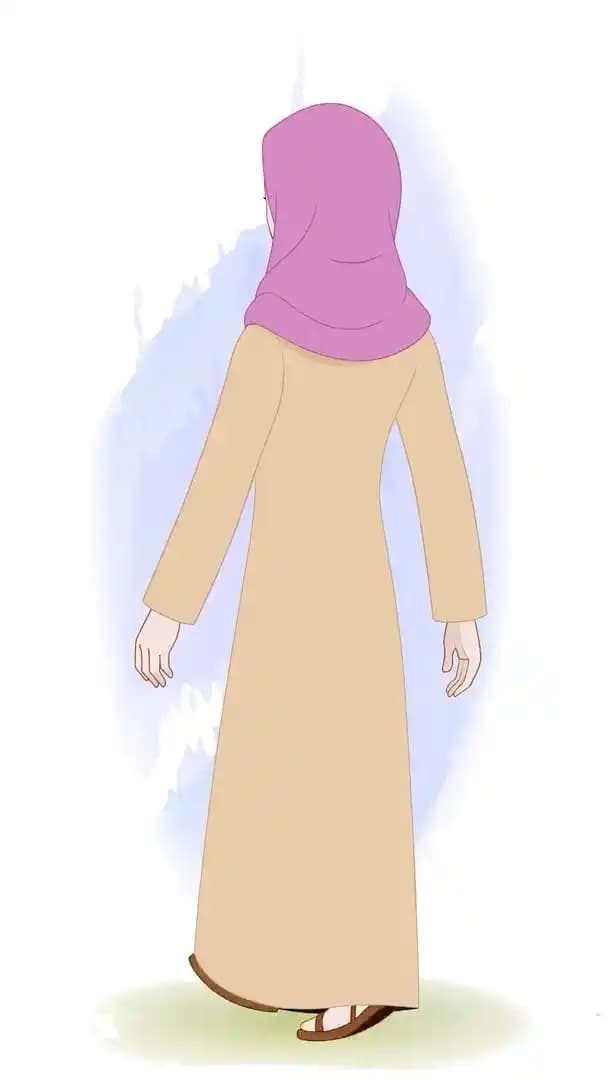 An islamic woman cartoon character walking in back third view animated vector AKA Hiba