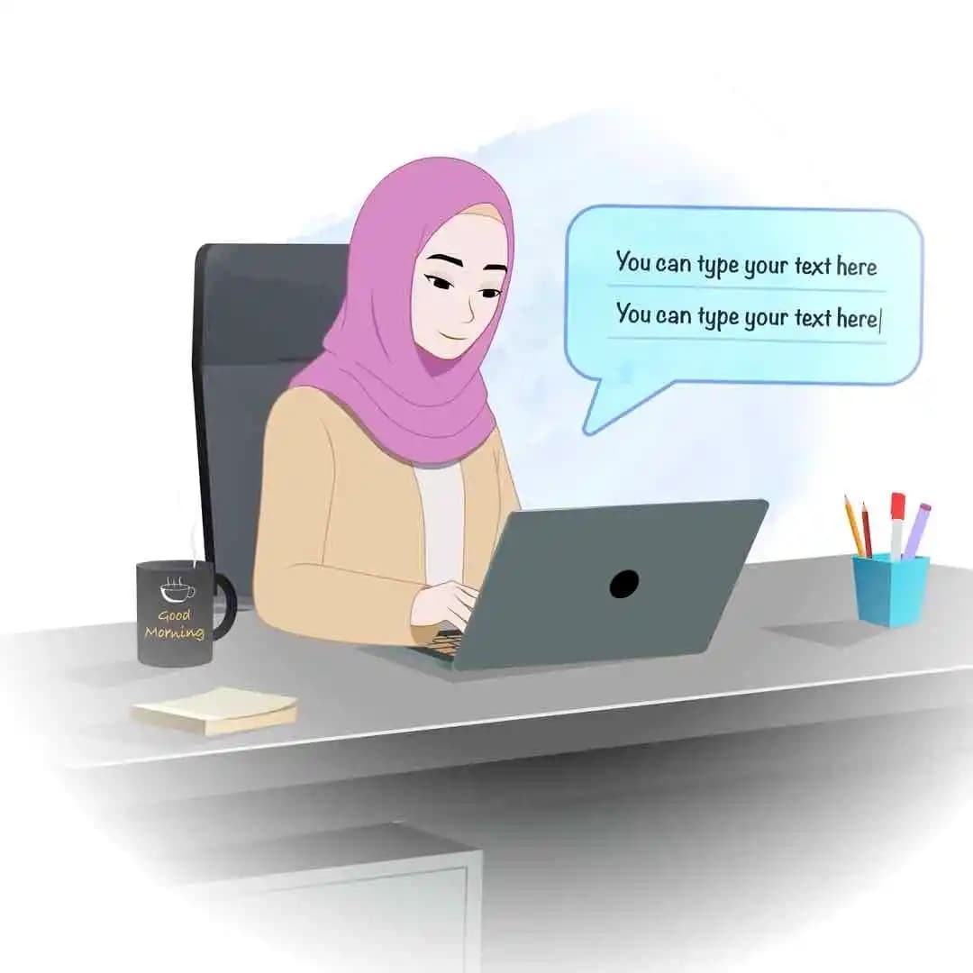 An islamic woman cartoon character working on laptop animated vector AKA Hiba