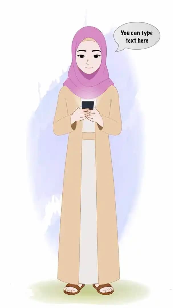 An islamic woman cartoon character using mobile animated vector AKA Hiba