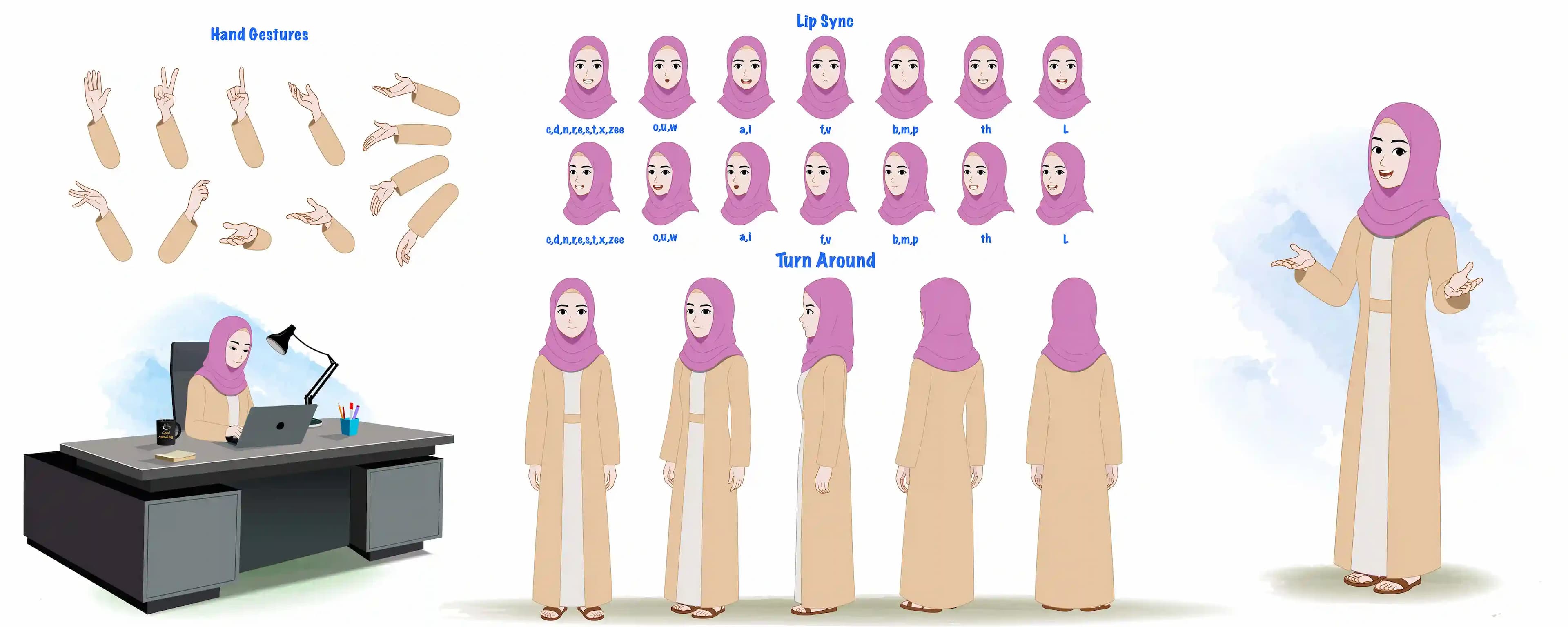 An Islamic woman cartoon character model sheet & design set for animation AKA Hiba
