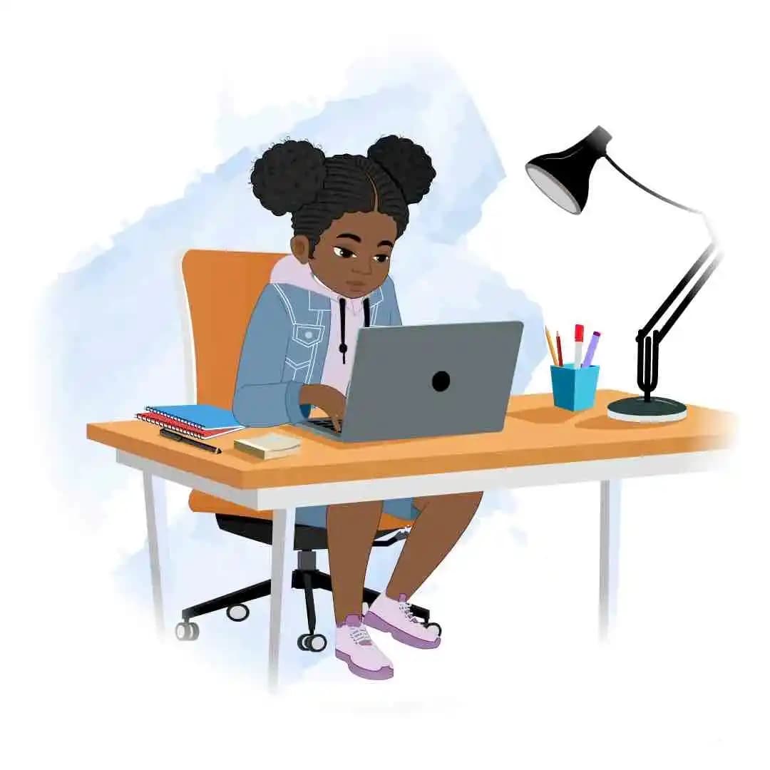 An African American girl animated character vector using laptop AKA Amina