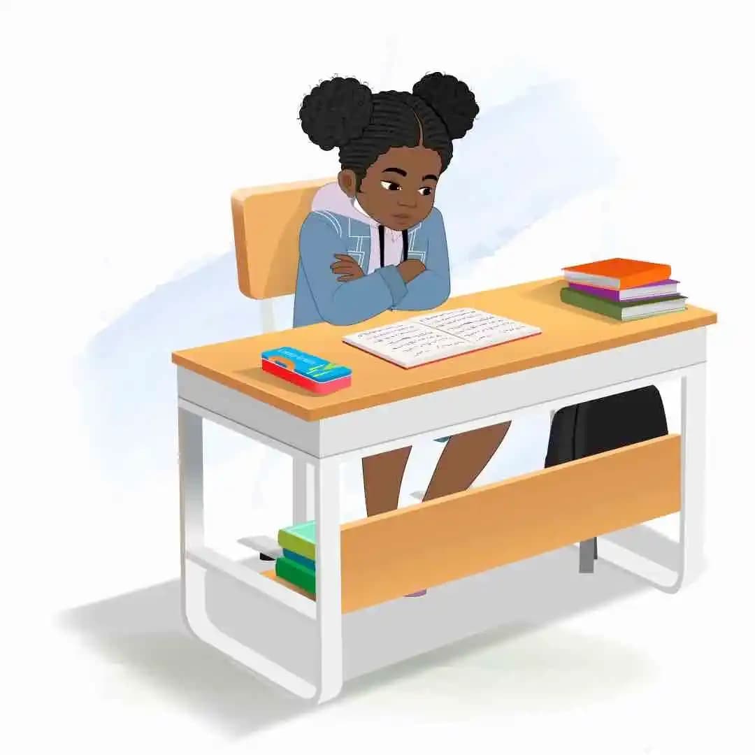 An African American girl animated character vector reading book AKA Amina