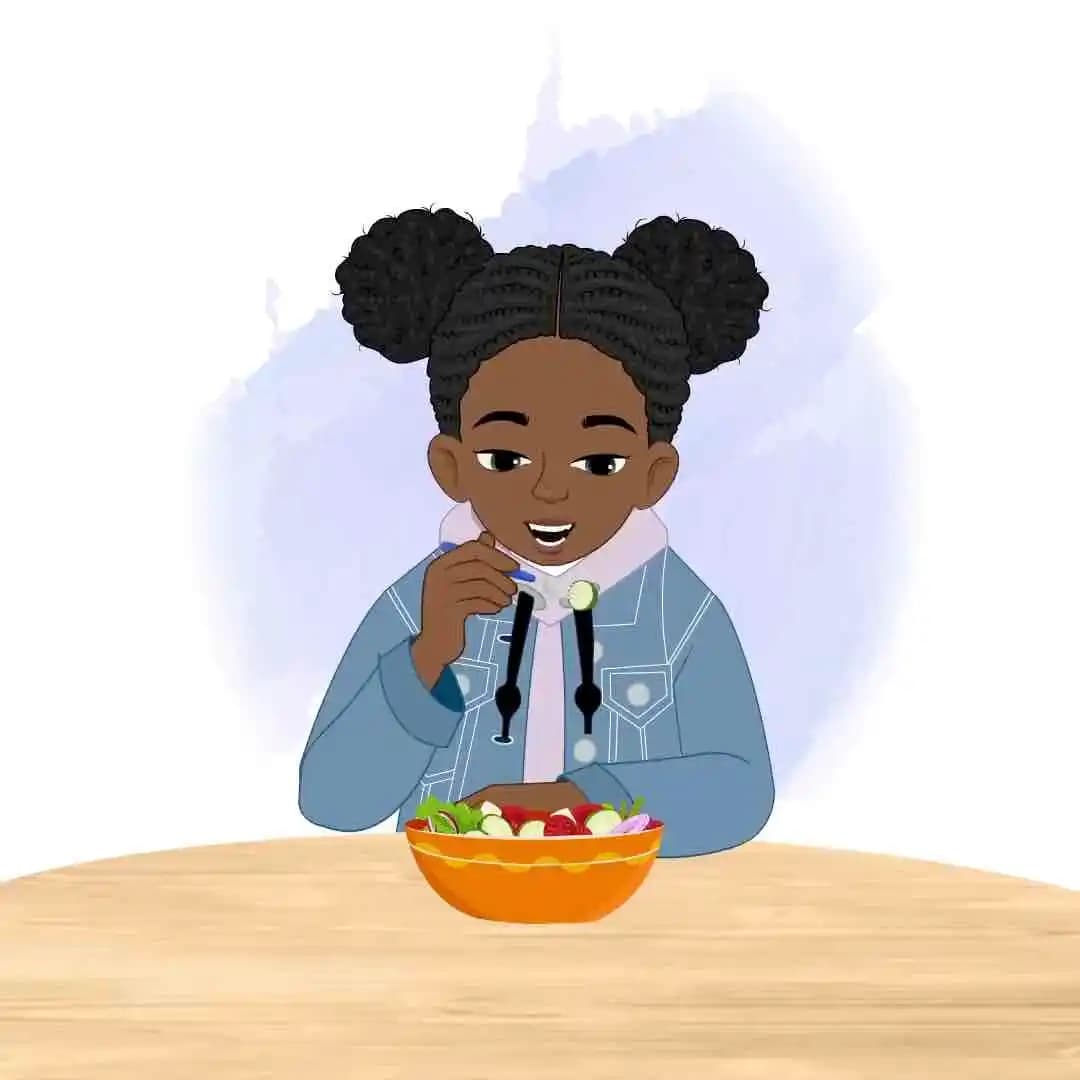 An African American girl animated character vector eating fruits AKA Amina