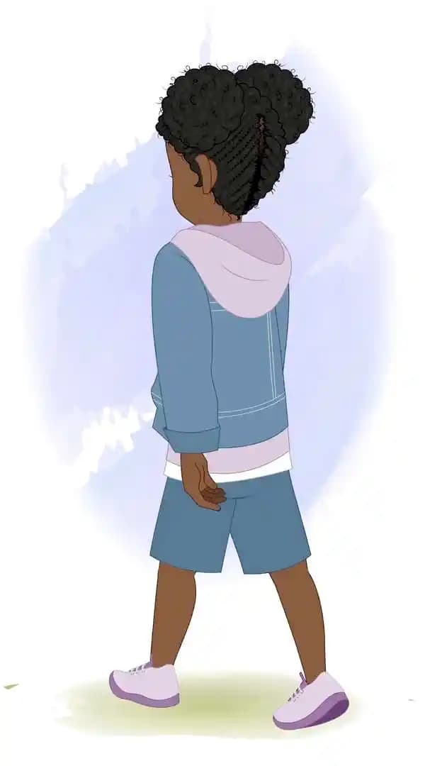 An African American girl animated character vector walking in back third view AKA Amina