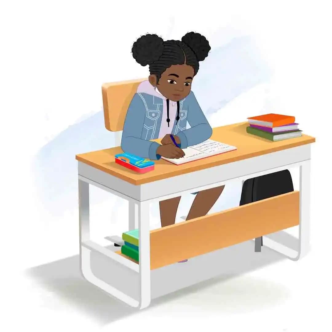 An African American girl animated character vector doing homework AKA Amina