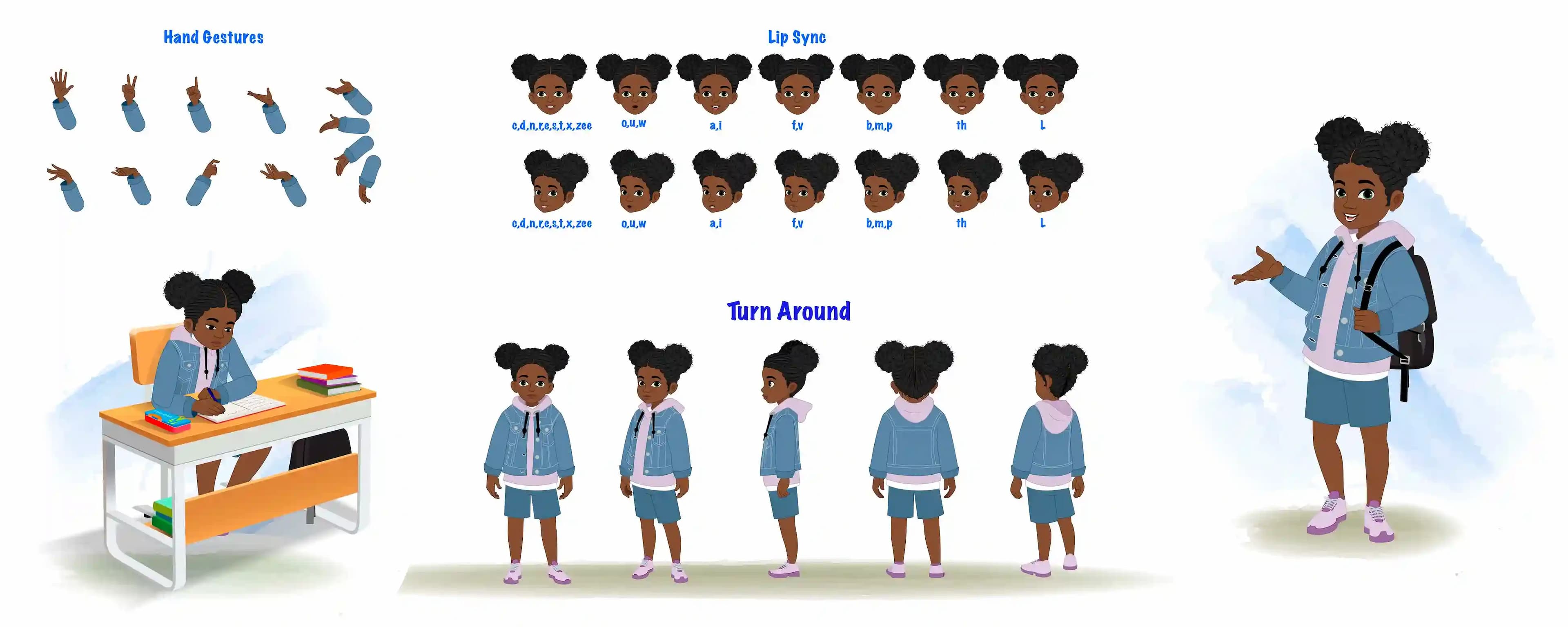 An African American girl animated character model sheet & design set for animation AKA Amina