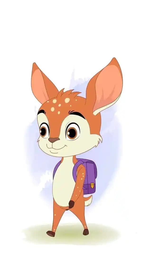 A 2d animated deer cartoon character walking with bag vector pose AKA Dery The Antilope