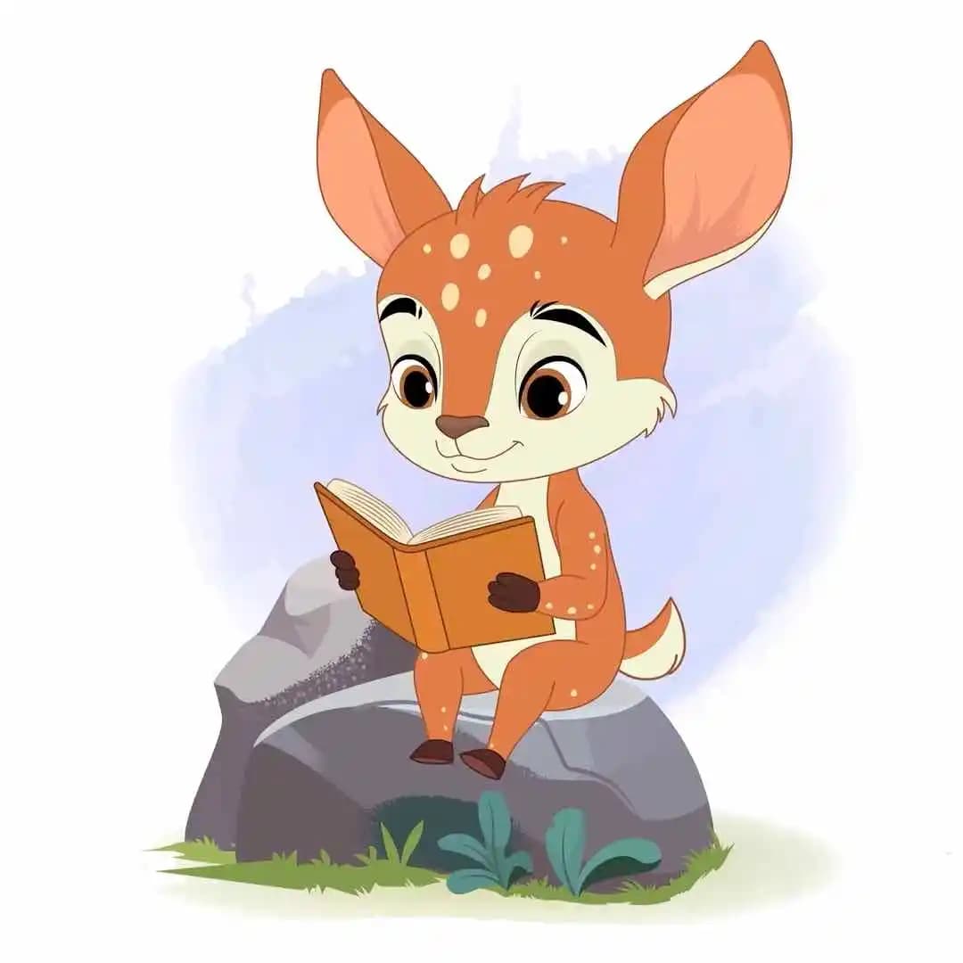 A 2d animated deer cartoon character reading book vector pose AKA Dery The Antilope