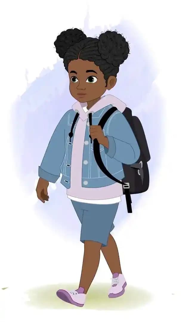 An African American girl animated character vector walking with bag AKA Amina