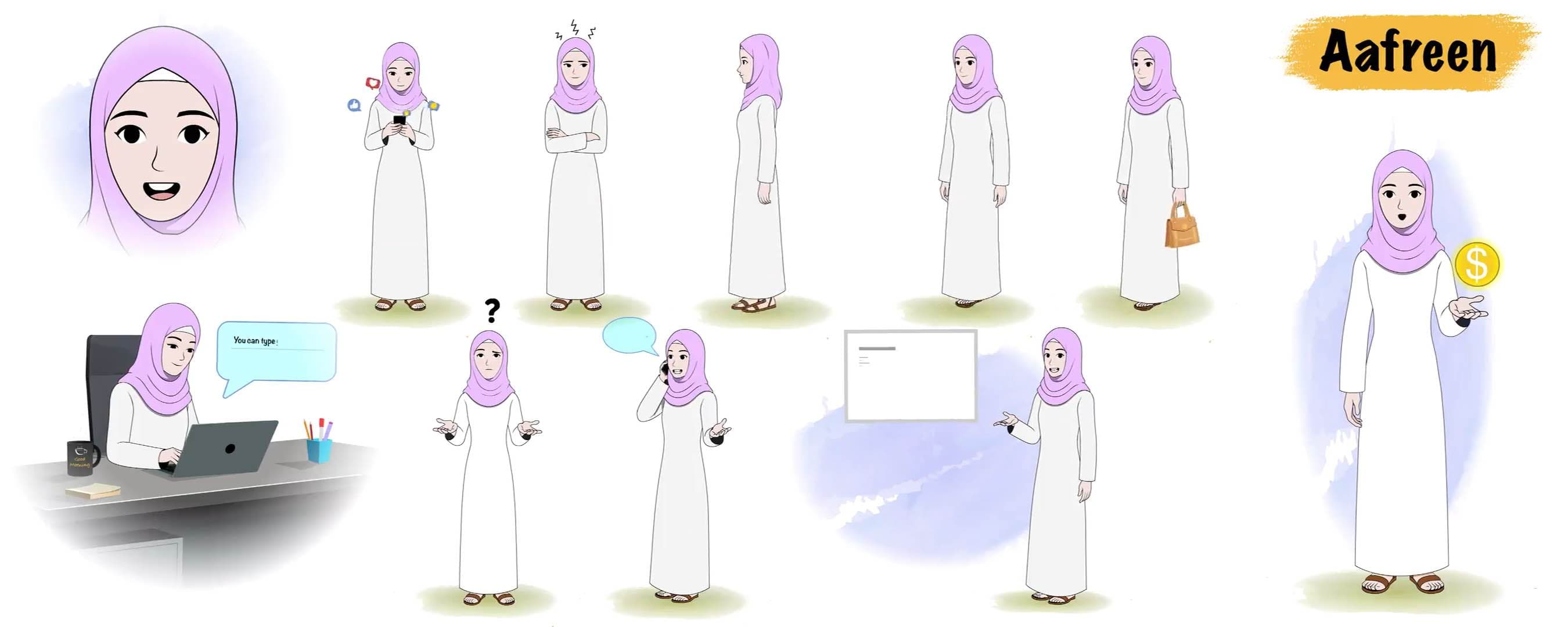 Islamic hijab woman character animated model sheet