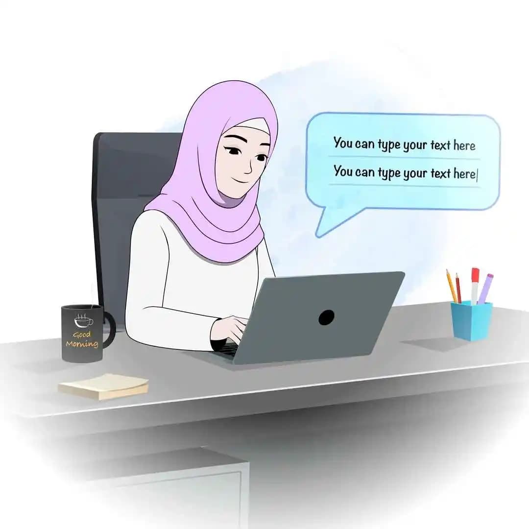 Islamic hijab woman character working on laptop animated pose AKA Aafreen