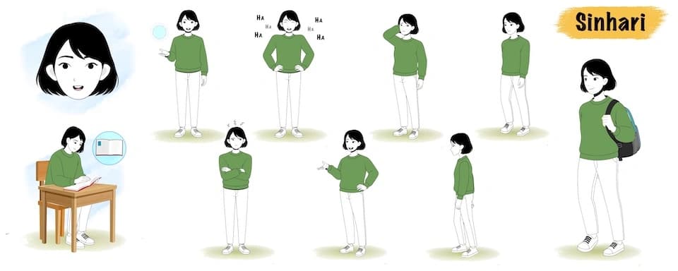 Young girl animated vector cartoon character model sheet AKA Sinhari