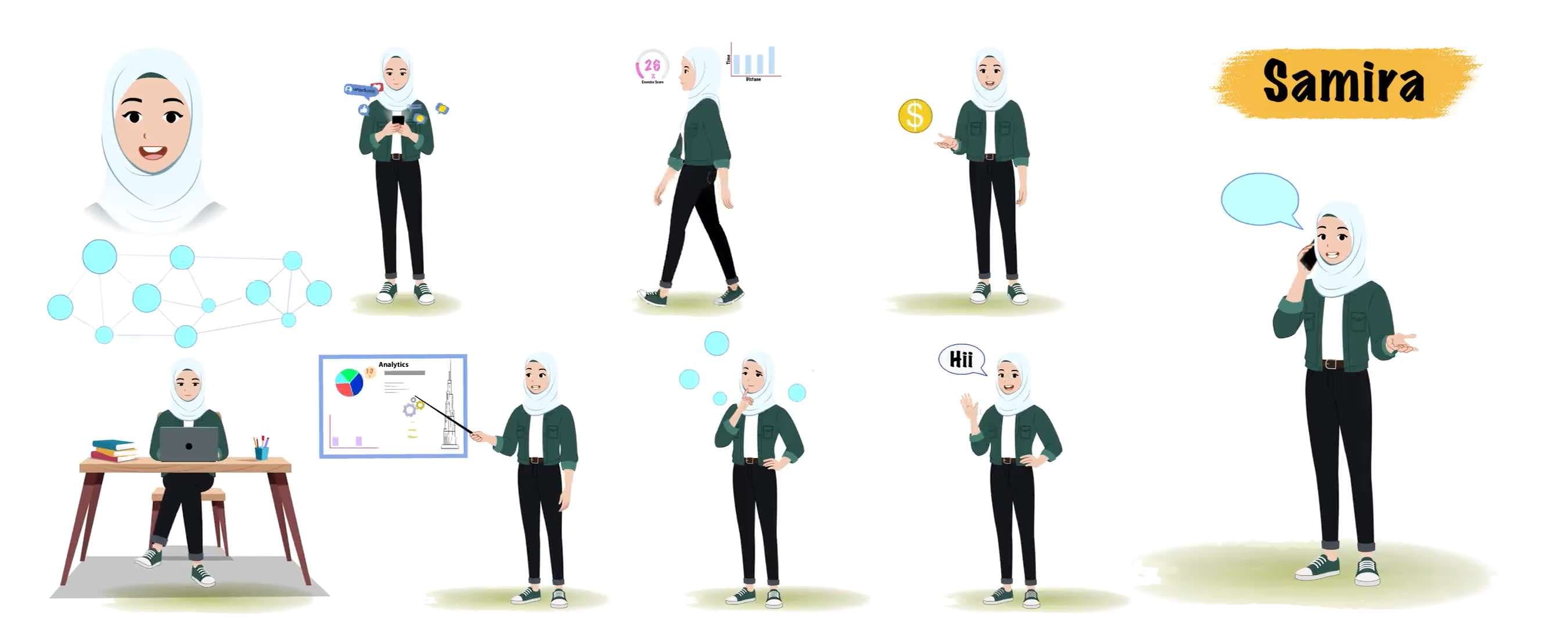 Muslim islamic young woman vector animated cartoon model sheet