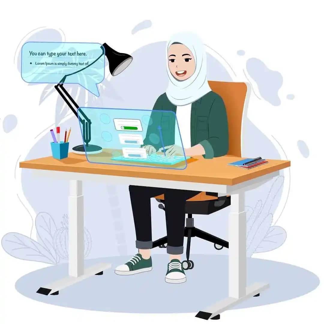 Muslim islamic young woman animated vector working pose AKA Samira