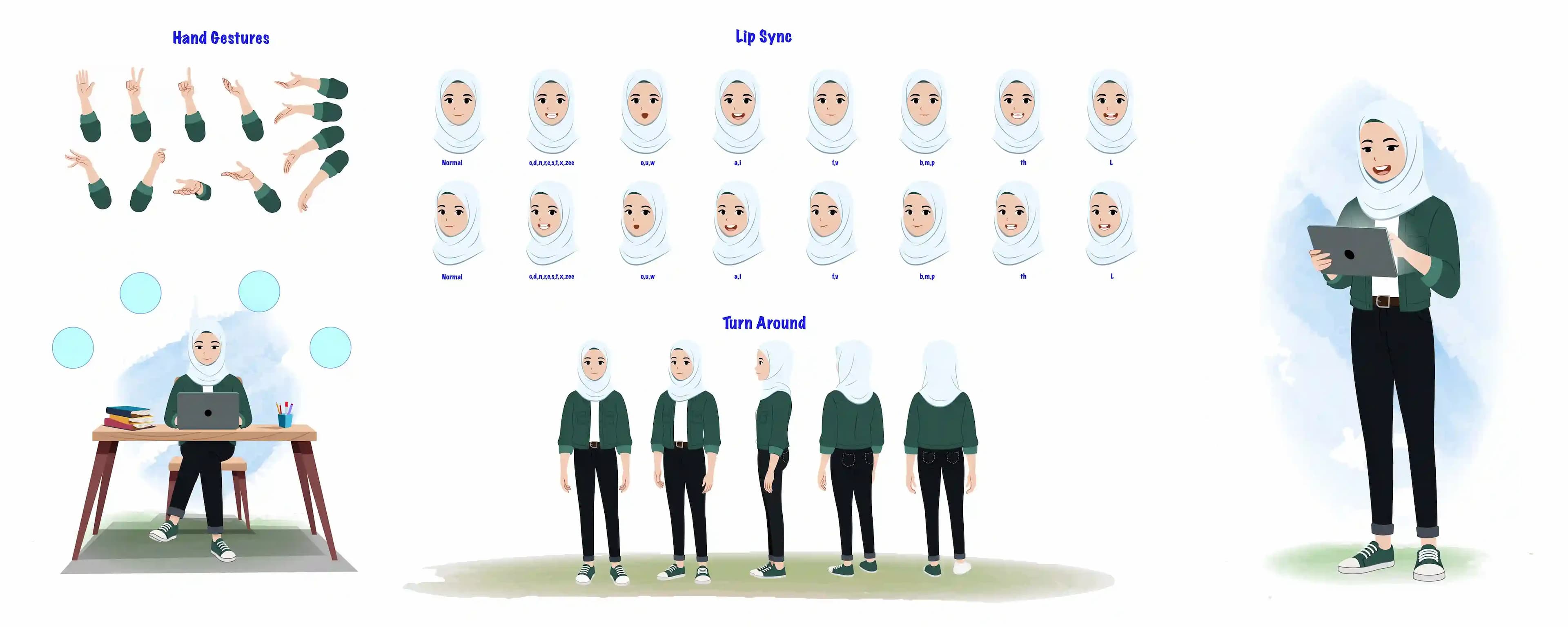 Muslim islamic young woman vector model sheet & turn around design set for animation AKA Samira