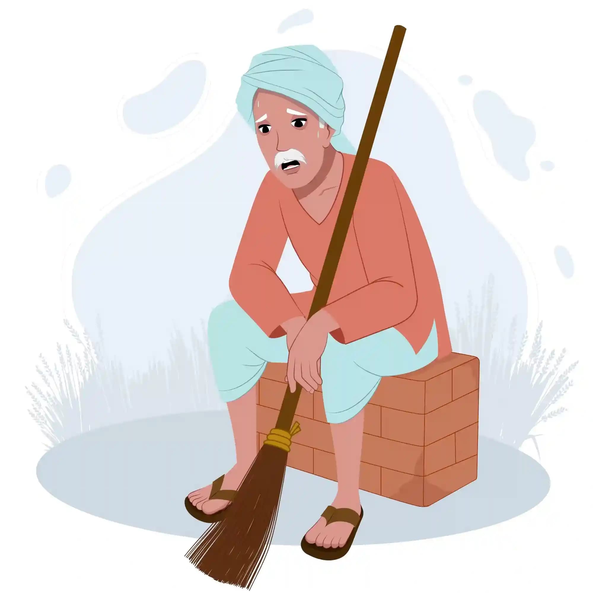 Swachh Bharat Village Character sitting on a brick tired rest pose animated vector cartoon character AKA Dharam singh