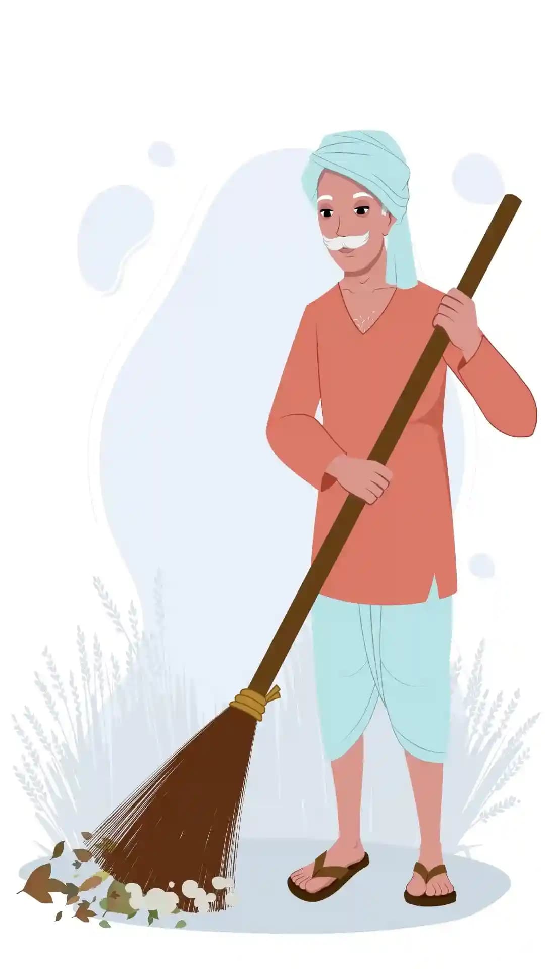 Swachh Bharat Village Character sweeping the ground animated vector cartoon character AKA Dharam singh