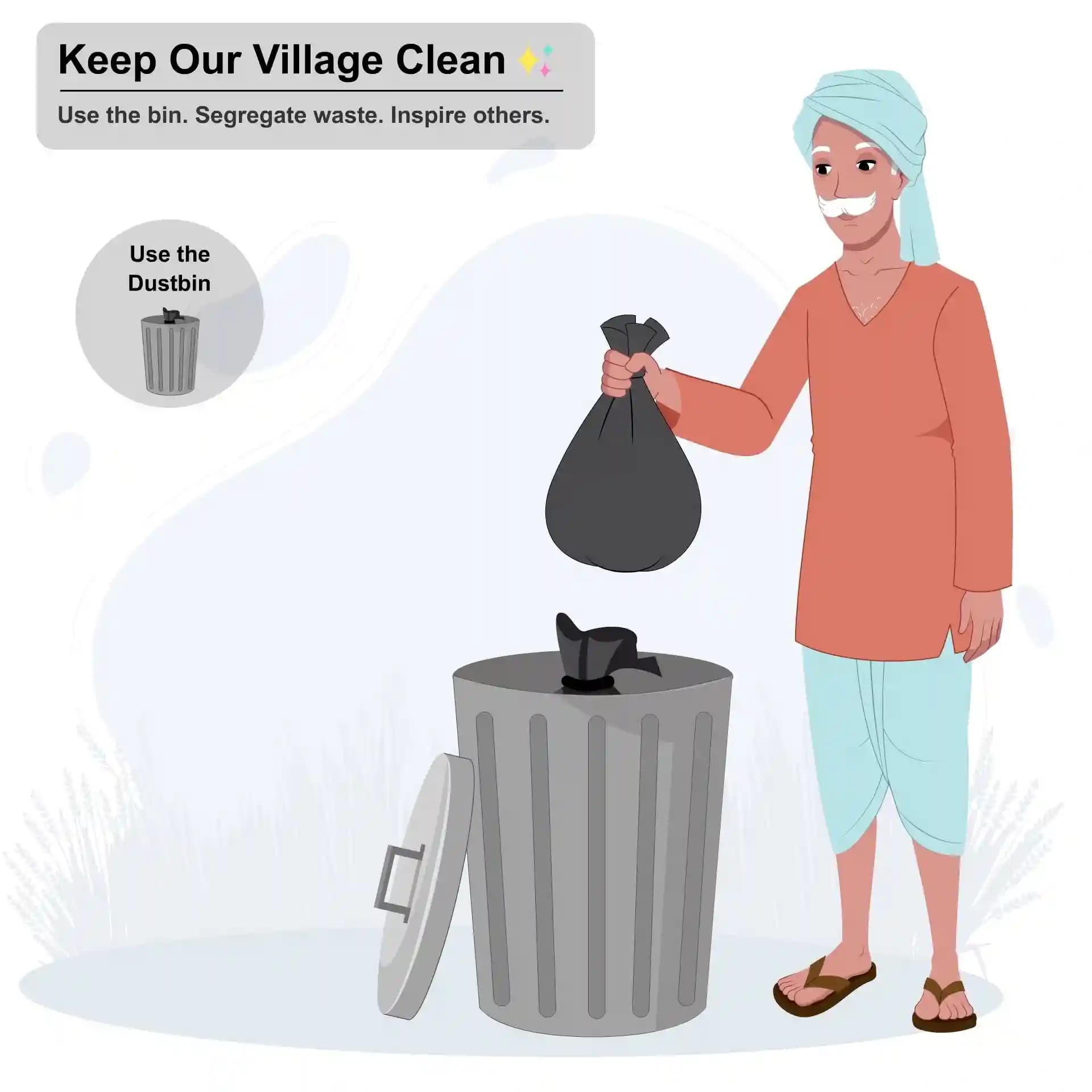 Indian villager farmer throwing trash in bin animated vector cartoon character AKA Dharam singh
