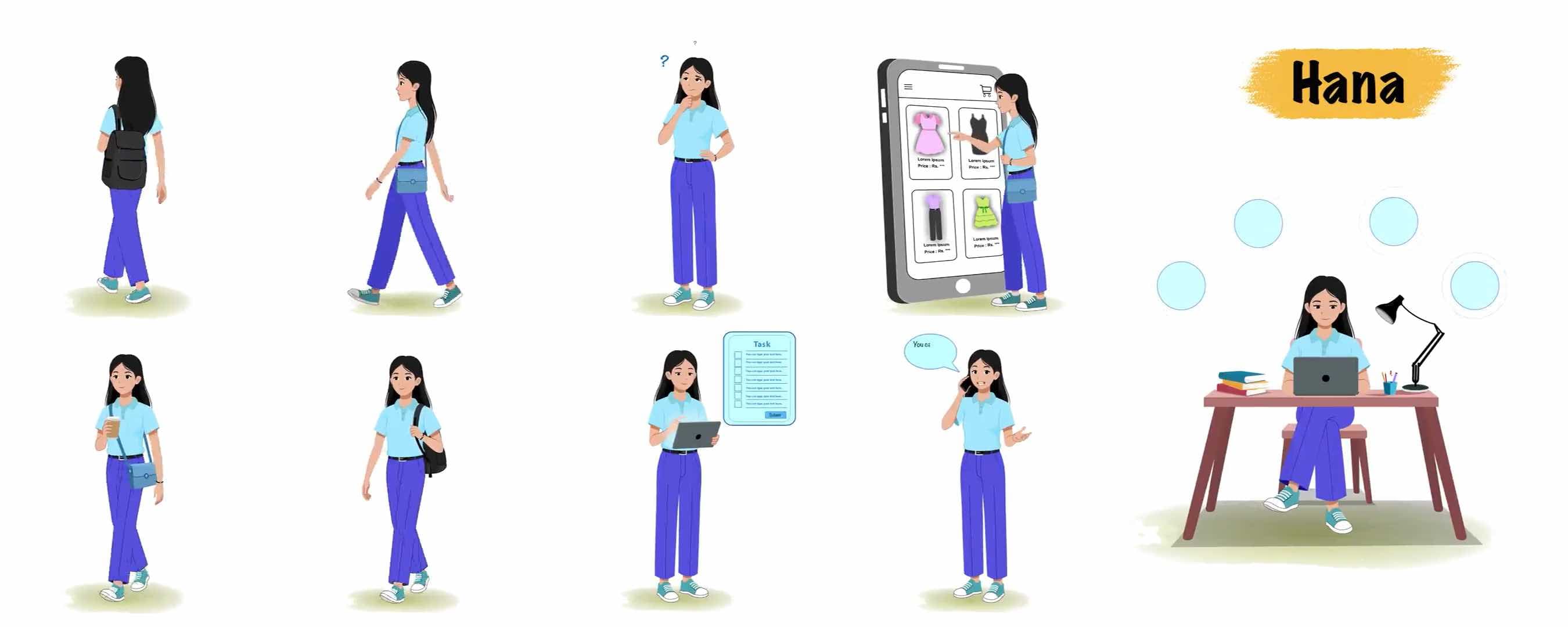 Female college girl vector character animated cartoon model sheet