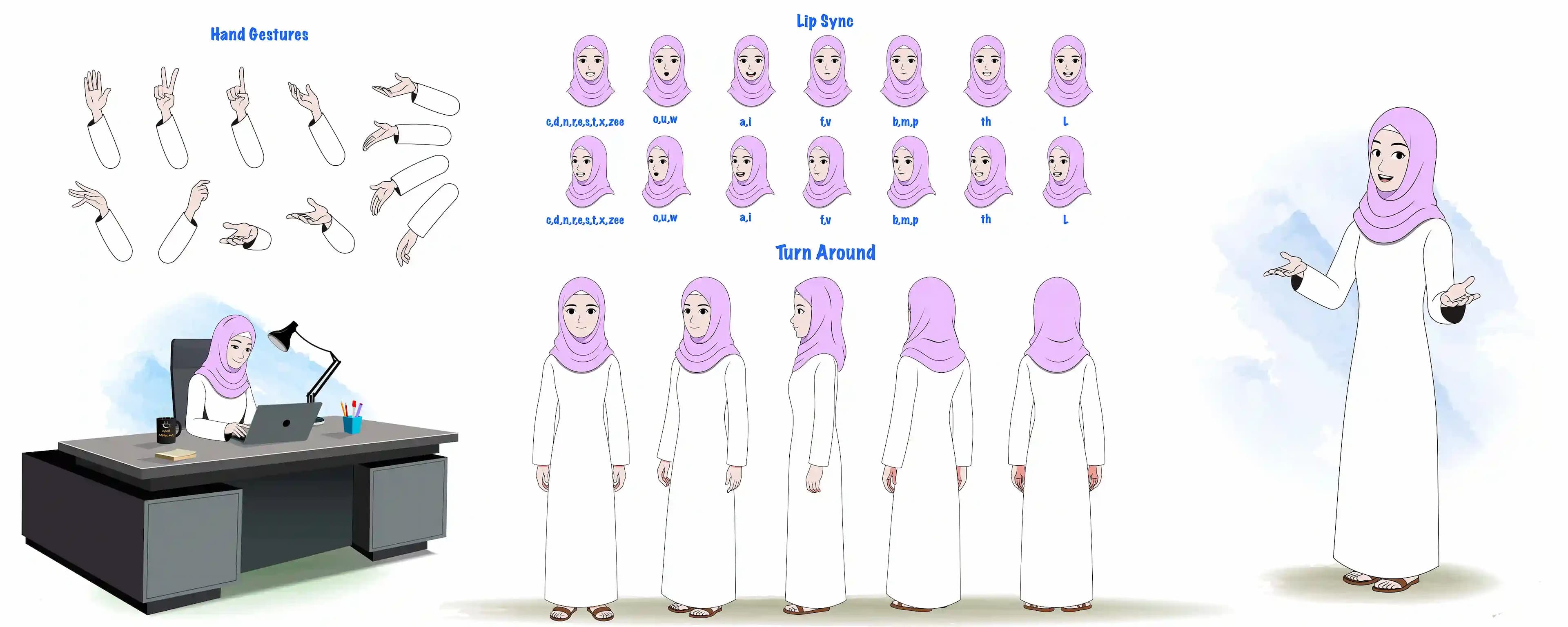 Islamic hijab woman character animated model sheet & design set AKA Aafreen