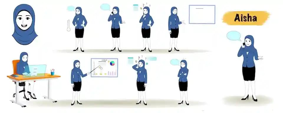 Cute muslim woman animated vector cartoon character model sheet AKA Aisha