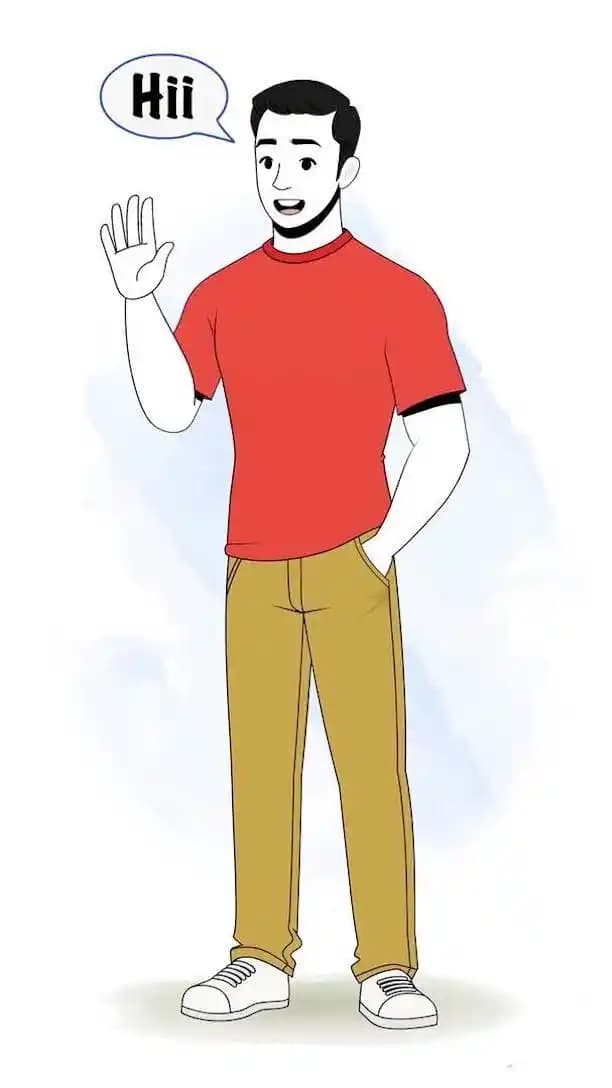 2d cartoon muscular man character vector saying hello animated pose AKA Nick