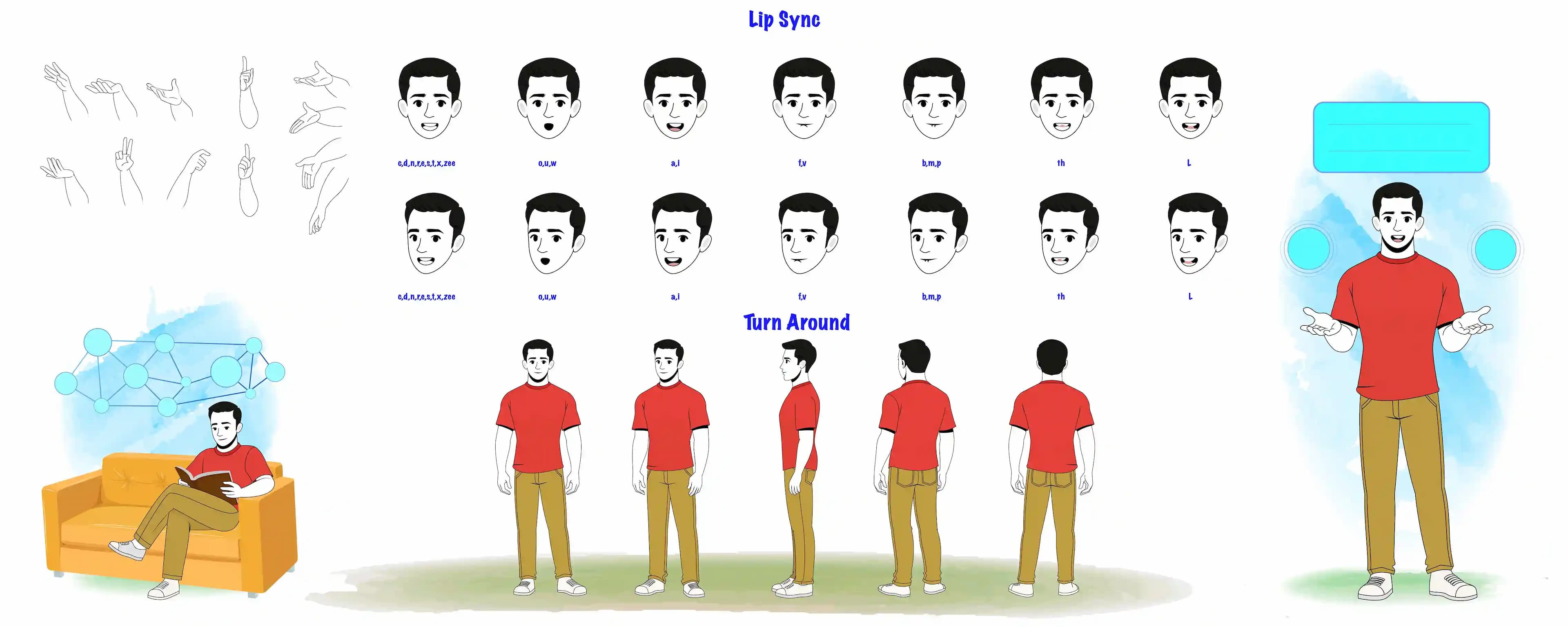 2d cartoon muscular man character vector model sheet & turn around set for animation AKA Nick