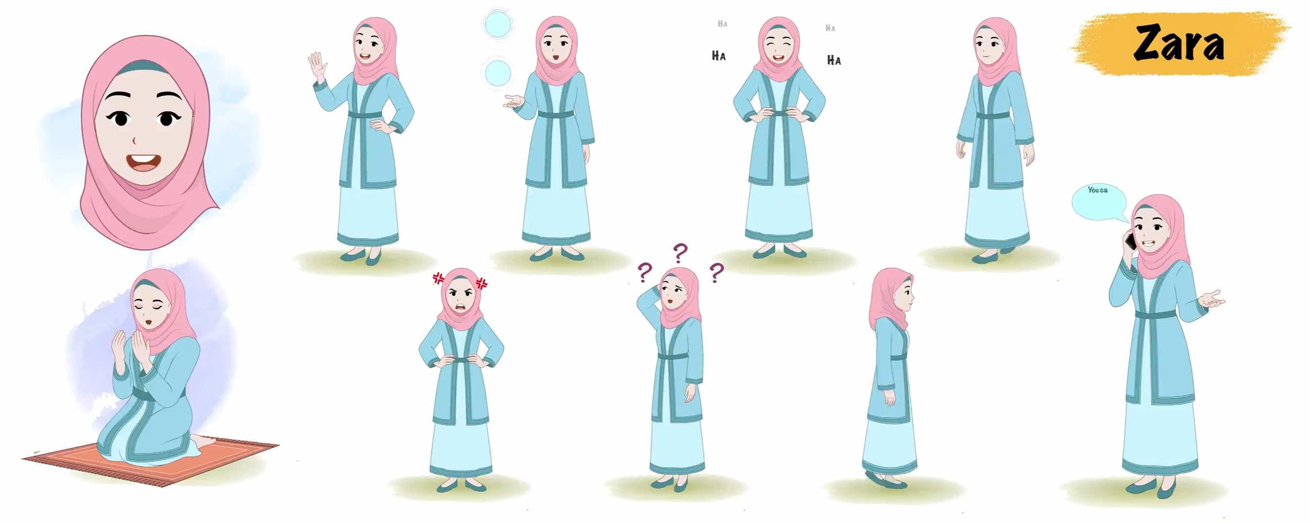 Cartoon Islamic woman hijab character animated model sheet vector