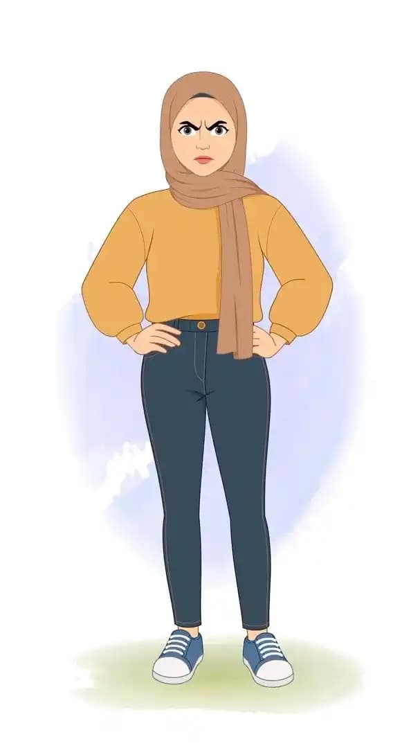 Female muslim arab cartoon character angry animated vector pose AKA Aashma