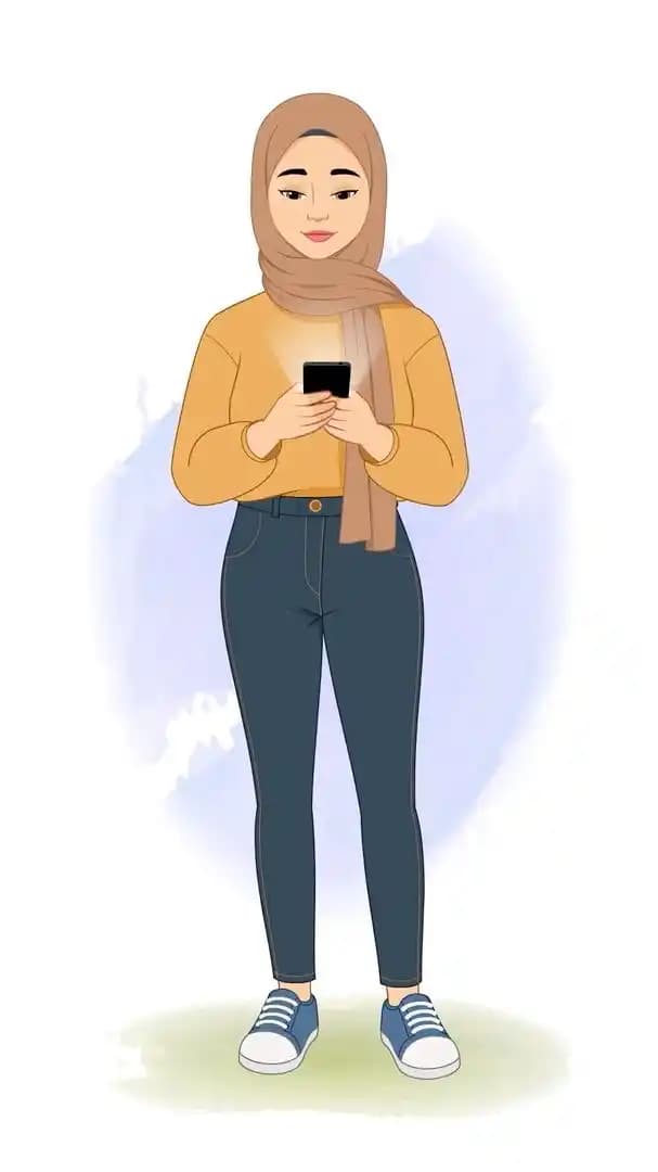 Female muslim arab cartoon character using phone animated vector pose AKA Aashma