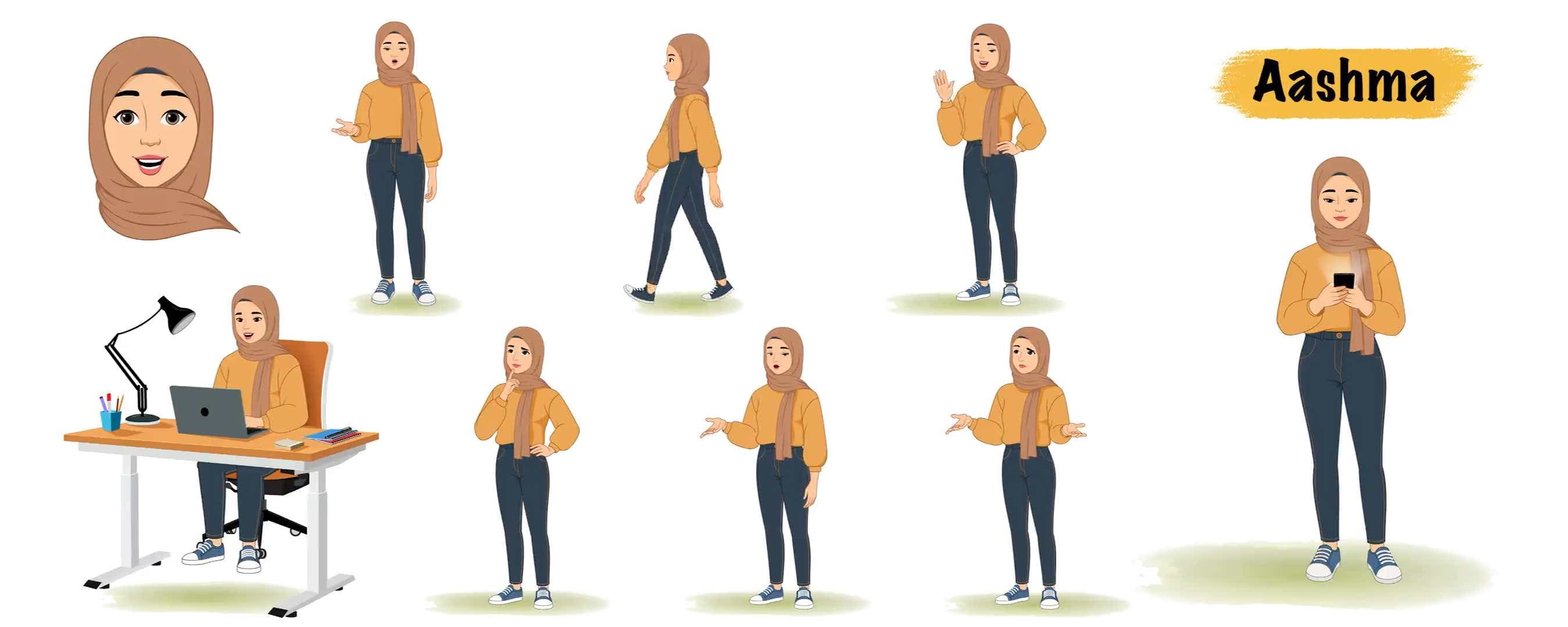 Female muslim arab character cartoon vector animated model sheet