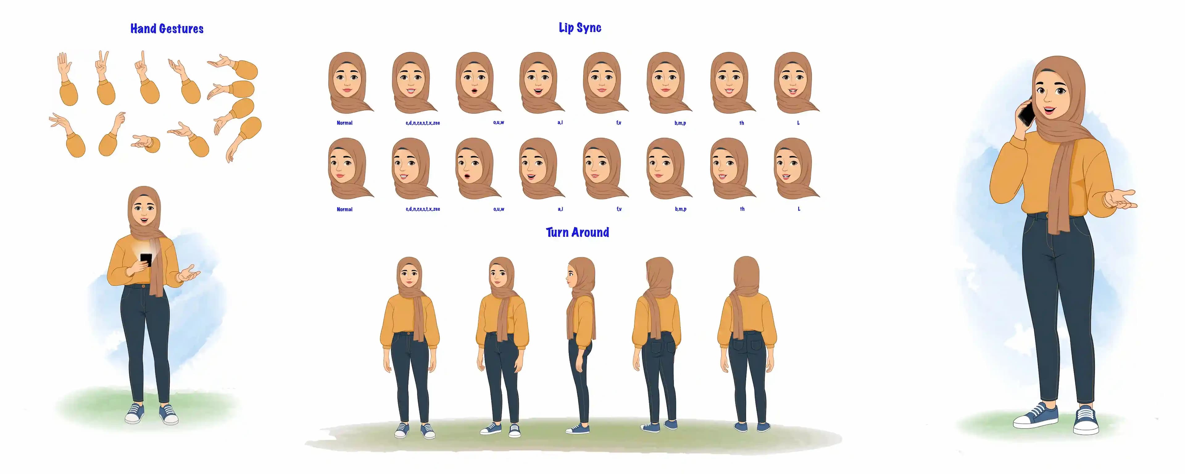Female muslim arab cartoon character model sheet & turn around set AKA Aashma