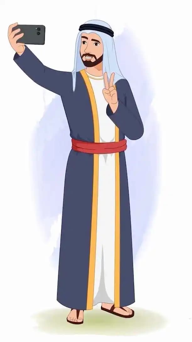 Islamic arab sheikh trader cartoon character taking selfie animated pose AKA Hassan