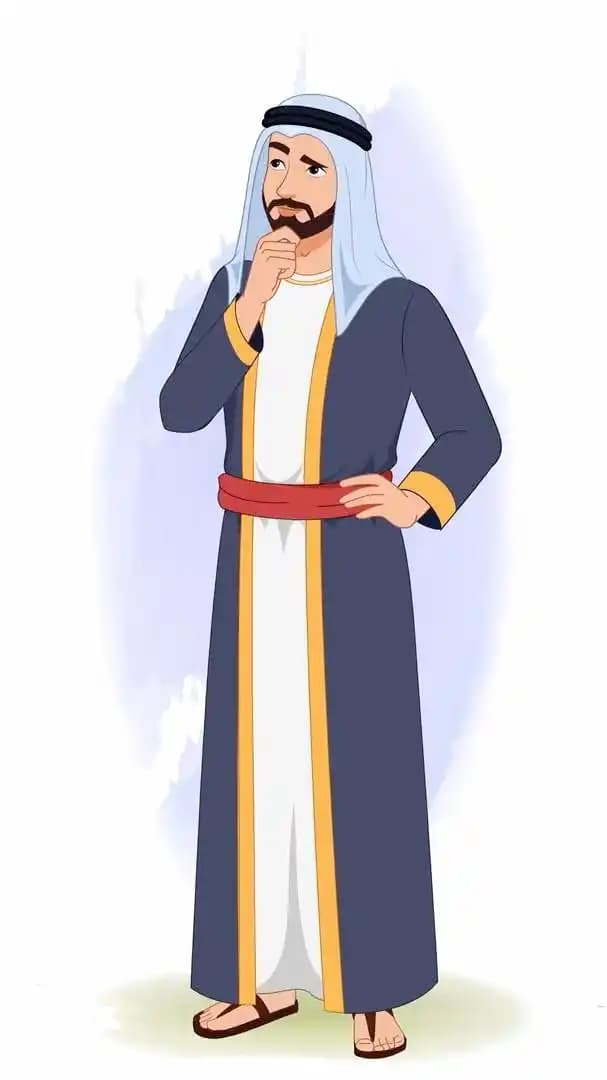 Islamic arab sheikh trader cartoon character thinking animated pose AKA Hassan