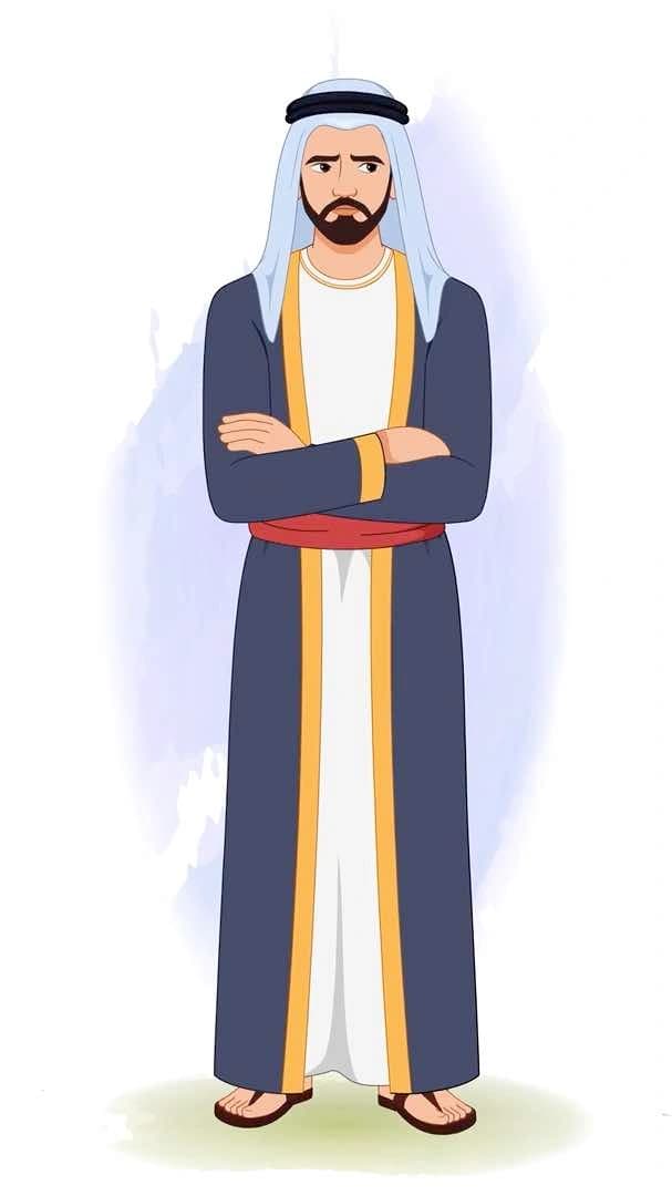 Islamic arab sheikh trader cartoon character annoyed animated pose AKA Hassan