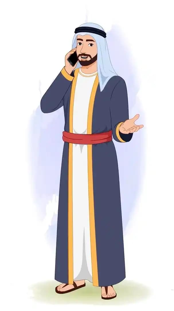 Islamic arab sheikh trader cartoon character talking on phone animated pose AKA Hassan