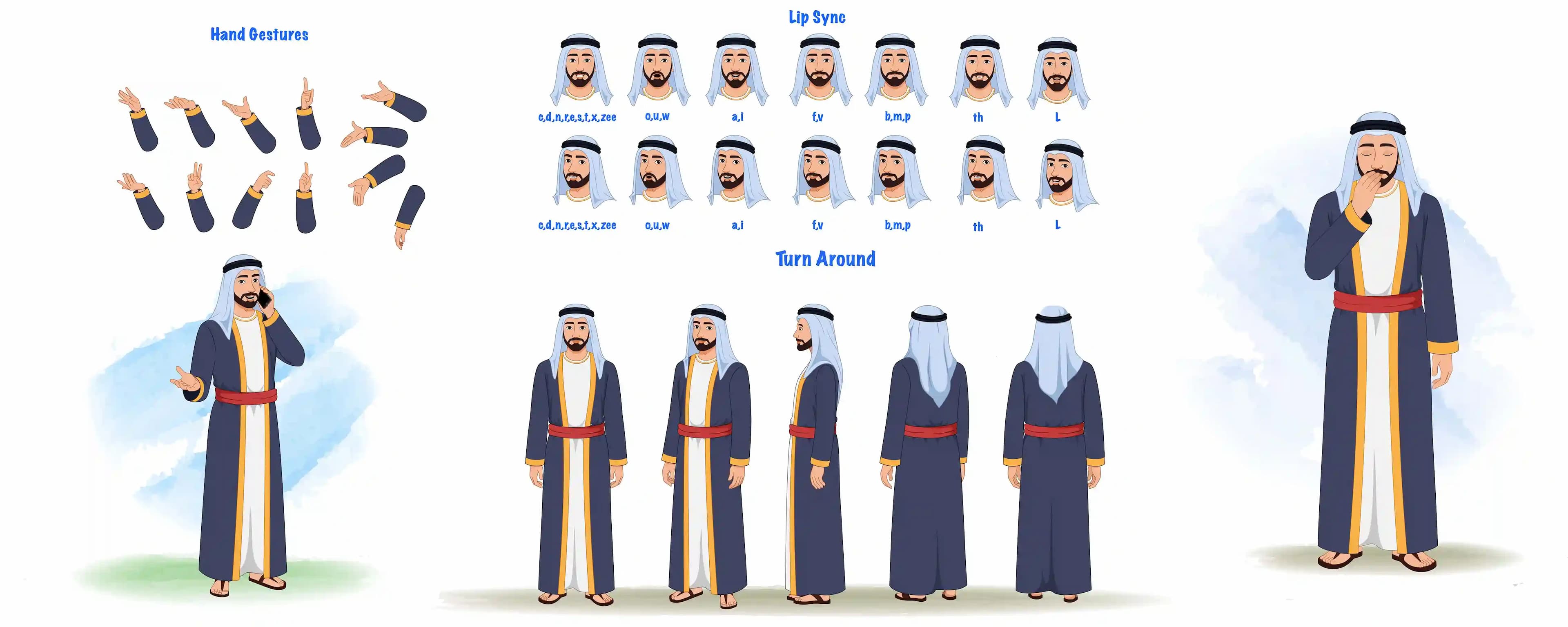 Islamic arab sheikh trader cartoon character model sheet vector & design set AKA Hassan