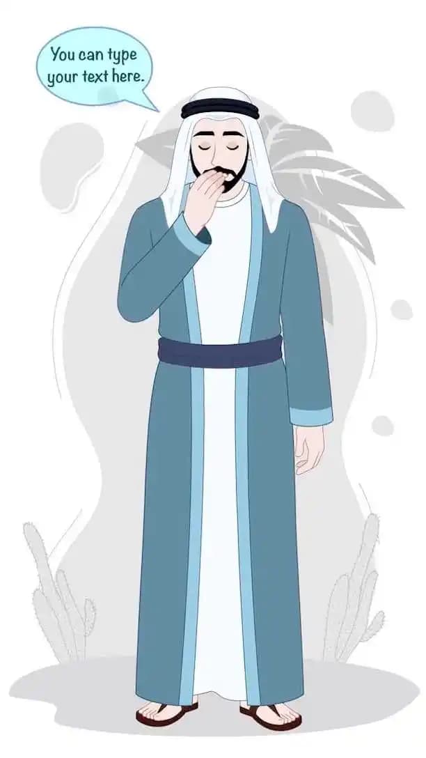 Cartoon arab sheikh character doing aadab animated pose AKA Khalid