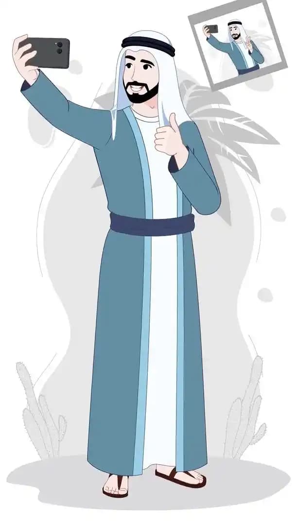 Cartoon arab sheikh character taking selfie animated vector pose AKA Khalid
