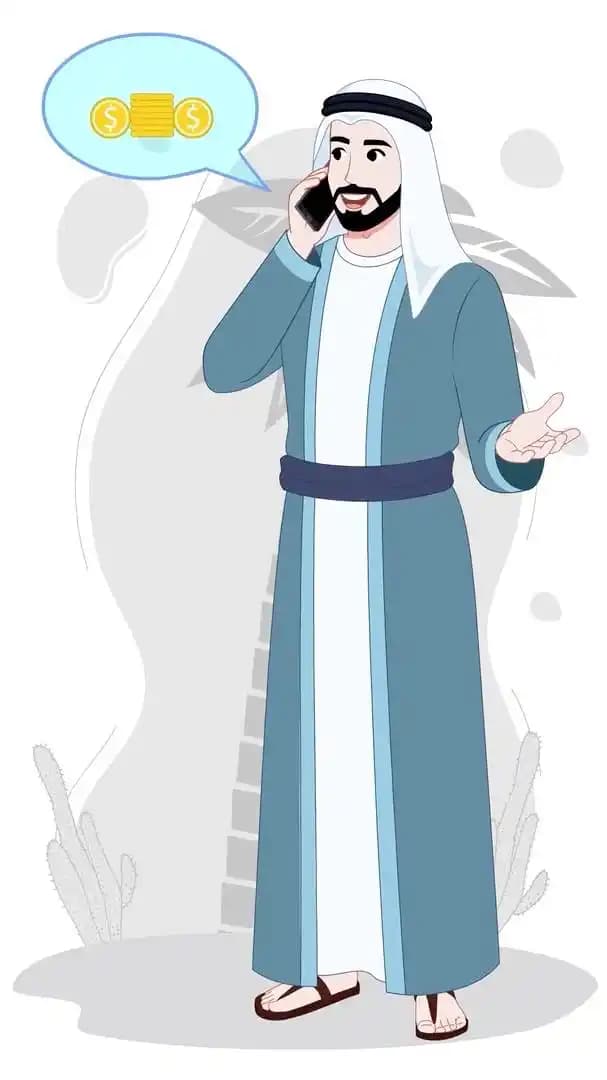 Cartoon arab sheikh character talking on phone animated vector pose AKA Khalid