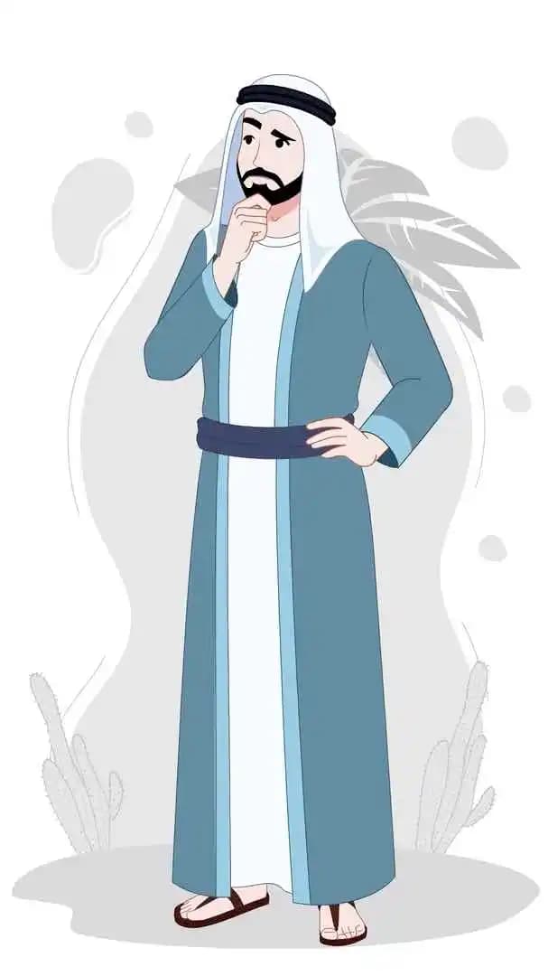 Cartoon arab sheikh character thinking animated vector pose AKA Khalid