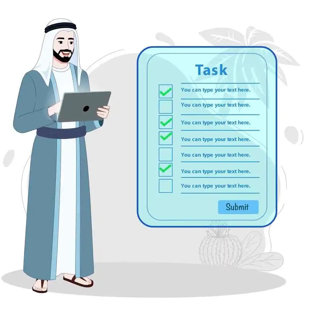 Cartoon arab sheikh character using tablet animated vector pose AKA Khalid
