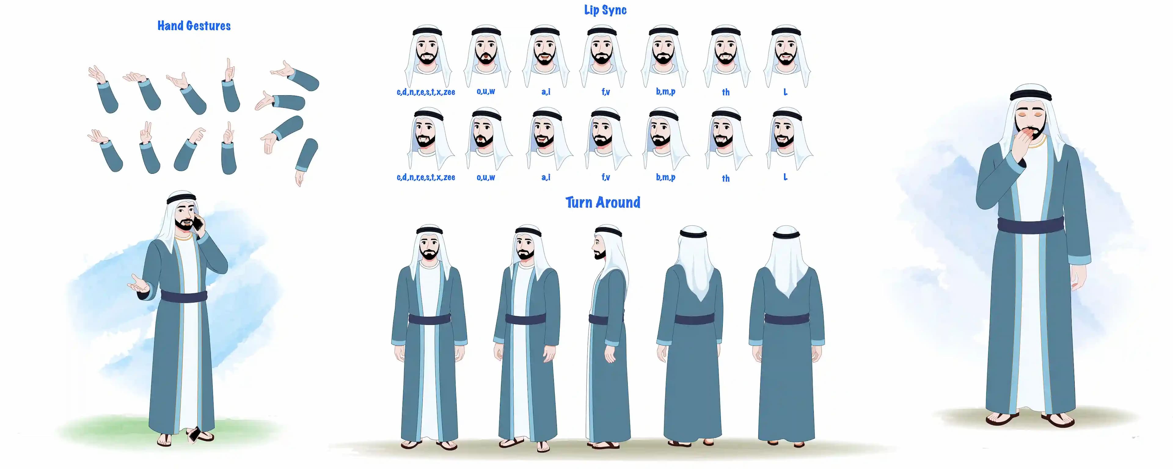 Cartoon arab sheikh character model sheet & construction design set for animation AKA Khalid