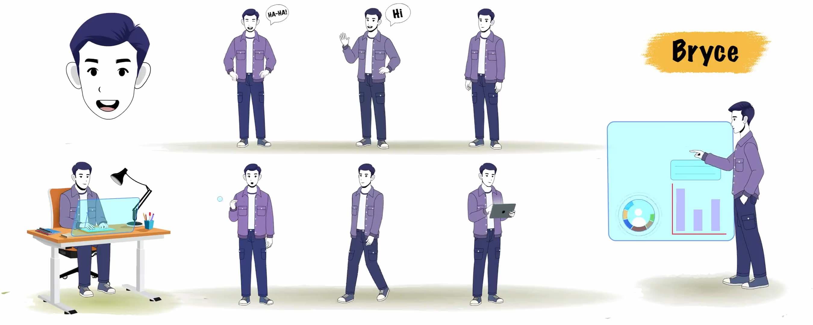 Cartoon young man 2d character animated model sheet vector