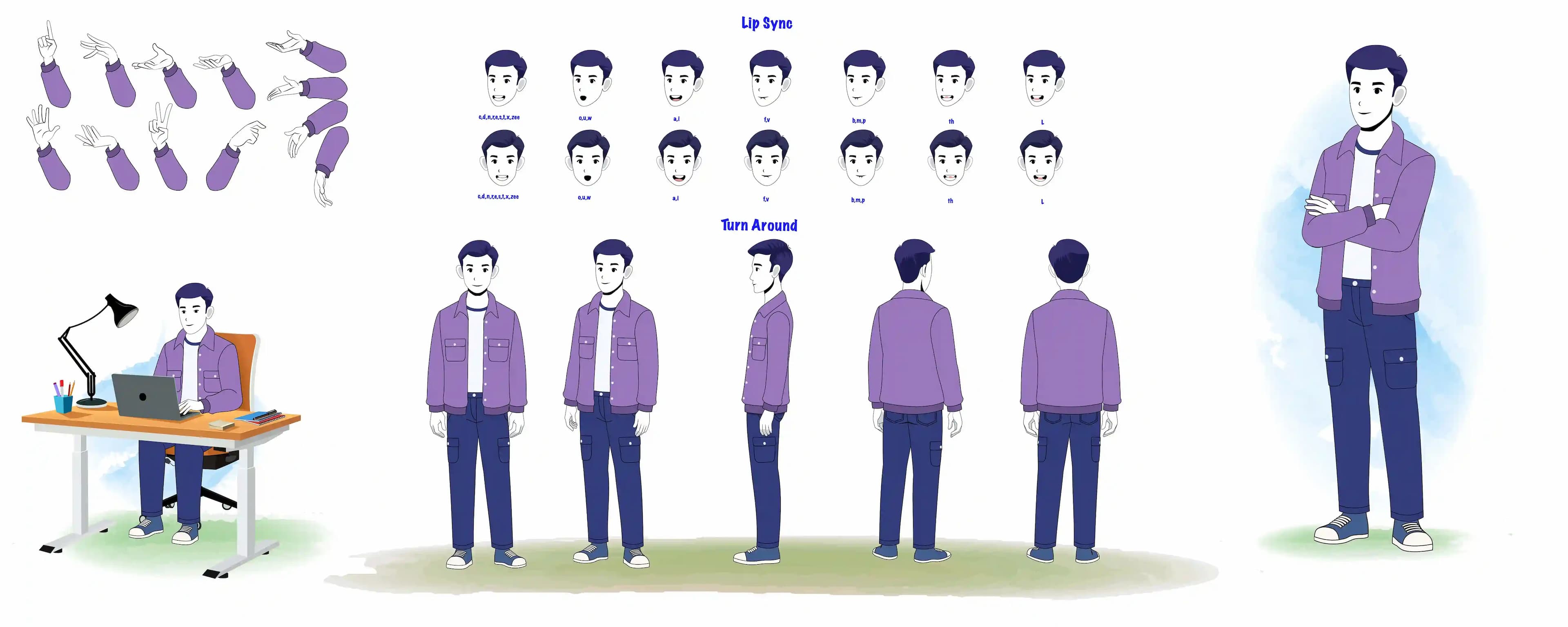 Cartoon young man 2d character model sheet & construction design set AKA Bryce