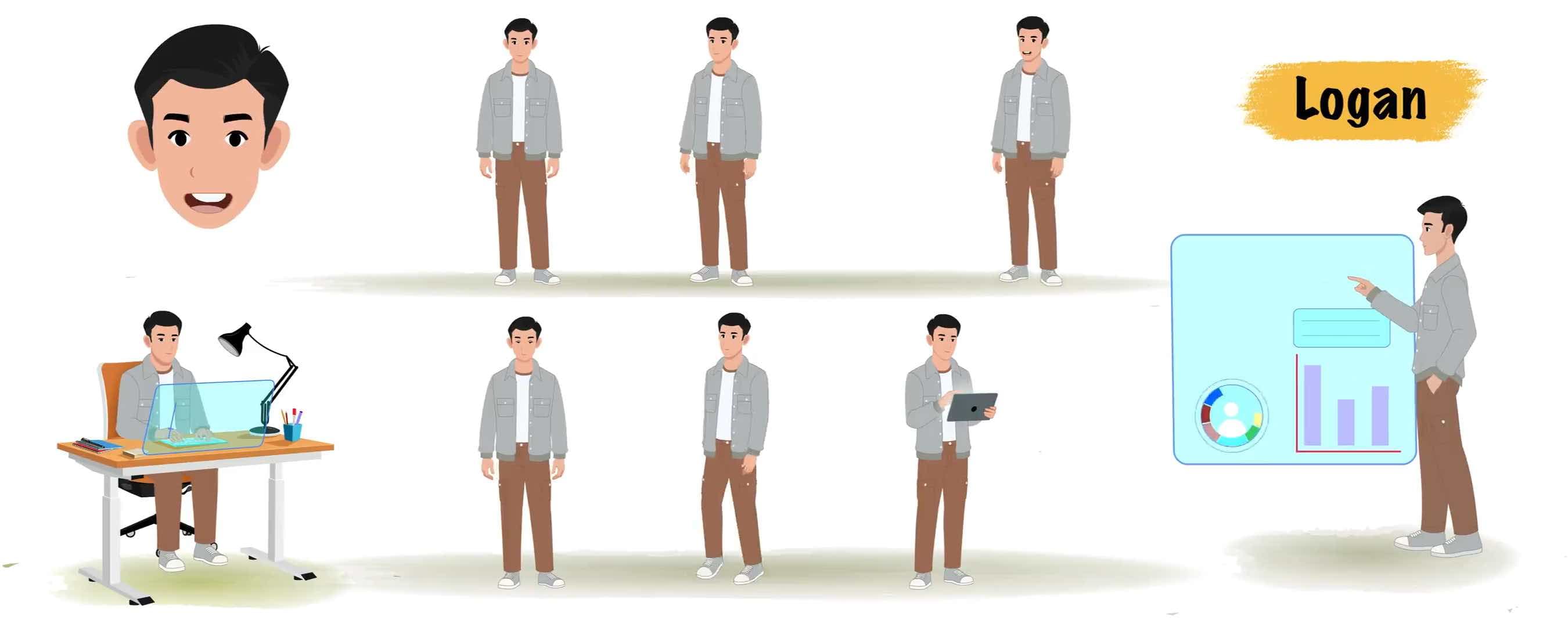 Cartoon man 2d character animated model sheet vector AKA Logan