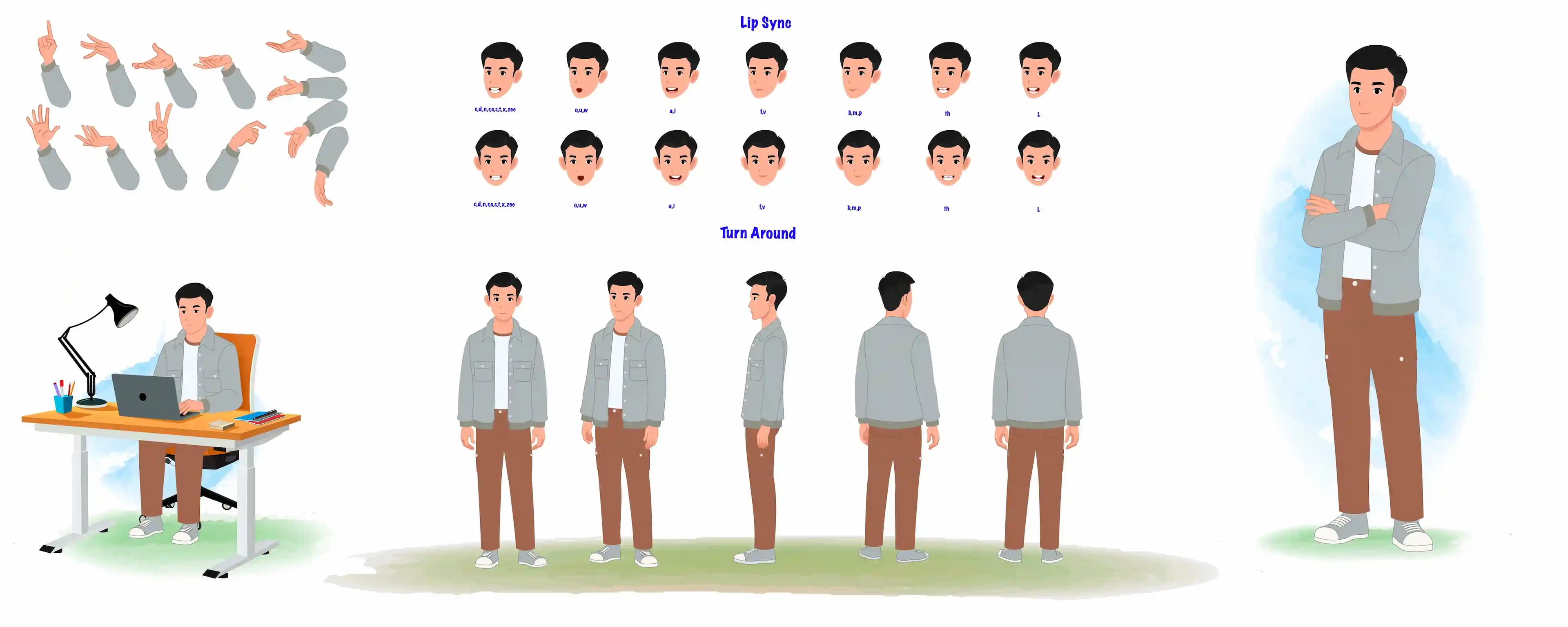 Cartoon man 2d character model sheet & turn around set for animation AKA Logan