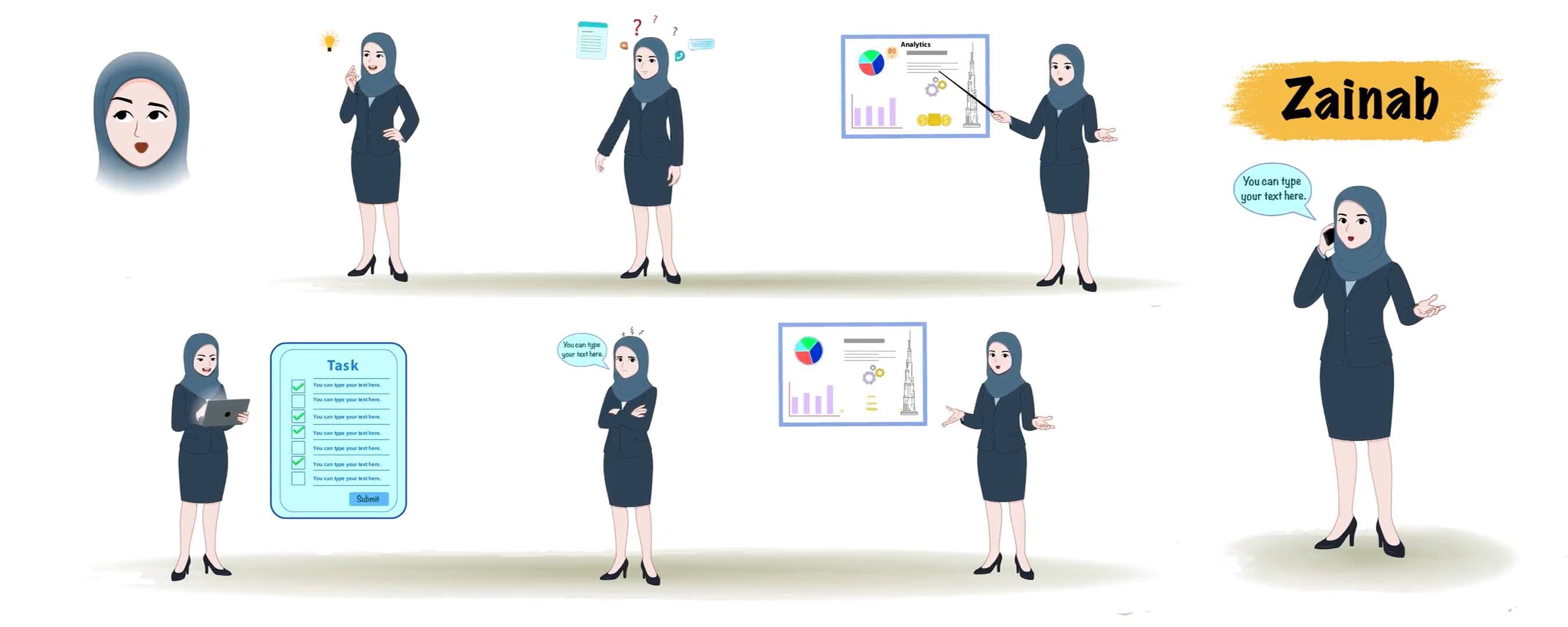 Muslim woman office character animated model sheet vector AKA Zainab