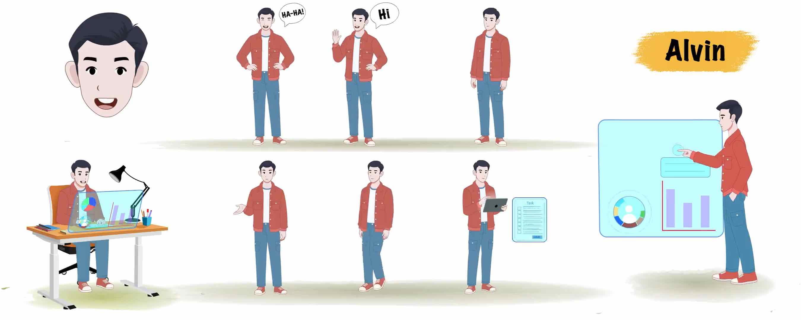 Cartoon young man character in casual clothes animated model sheet vector AKA Alvin